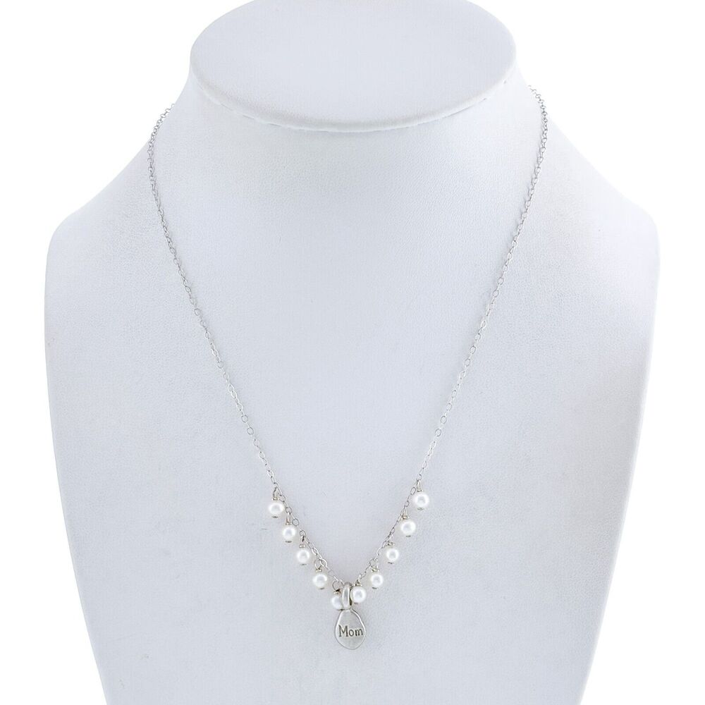 Vintage Sterling Silver 925 Pearl "Mom" Pendant Necklace 16.5"-18.5"